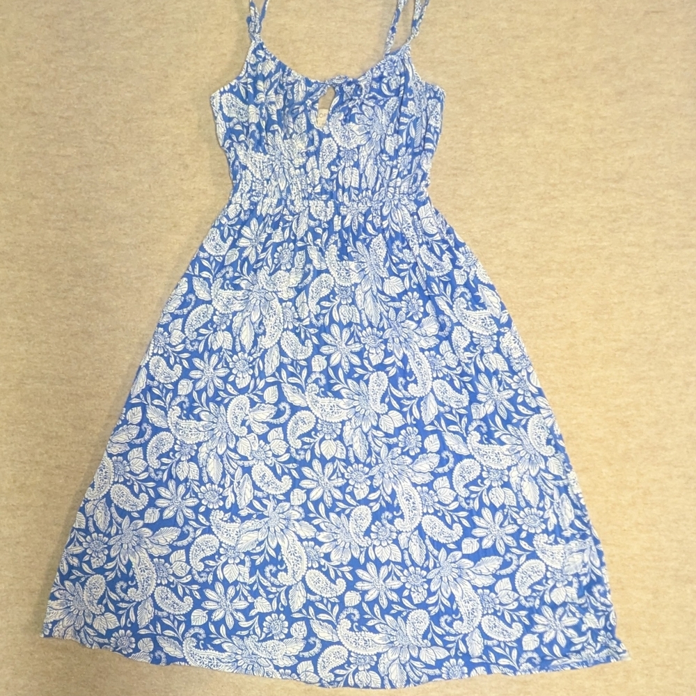 LOFT Blue & White Floral Midi Maxi Spaghetti Strap Flowy Beachy Paisley Dress S